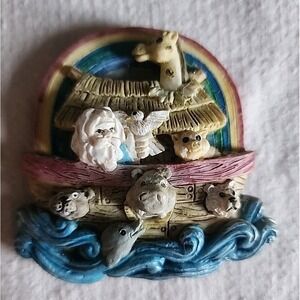 Vintage 90s Noah's Ark Ceramic Refrigerator Magnet Rainbow Boat Sea